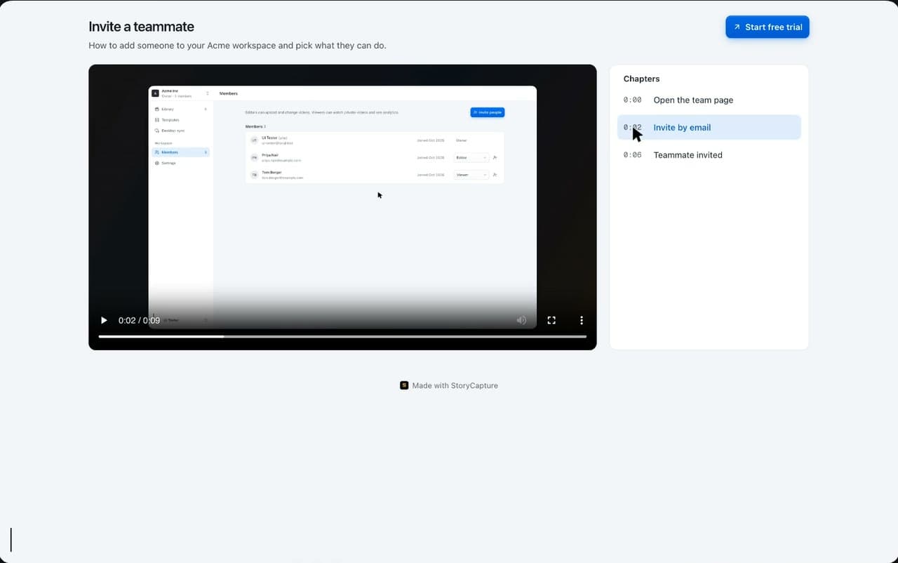 The watch page for the invite video, with chapters beside the player