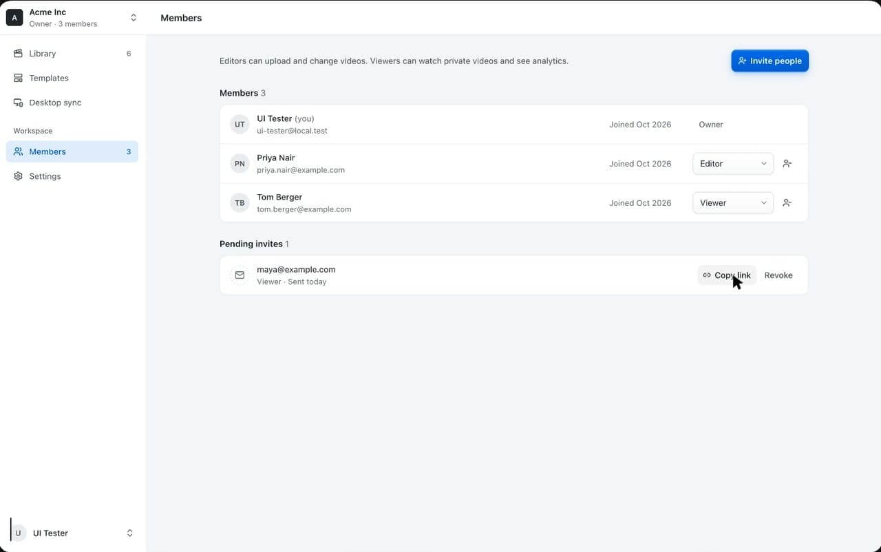 The team page with a zoom frame around the Copy link button of a pending invite