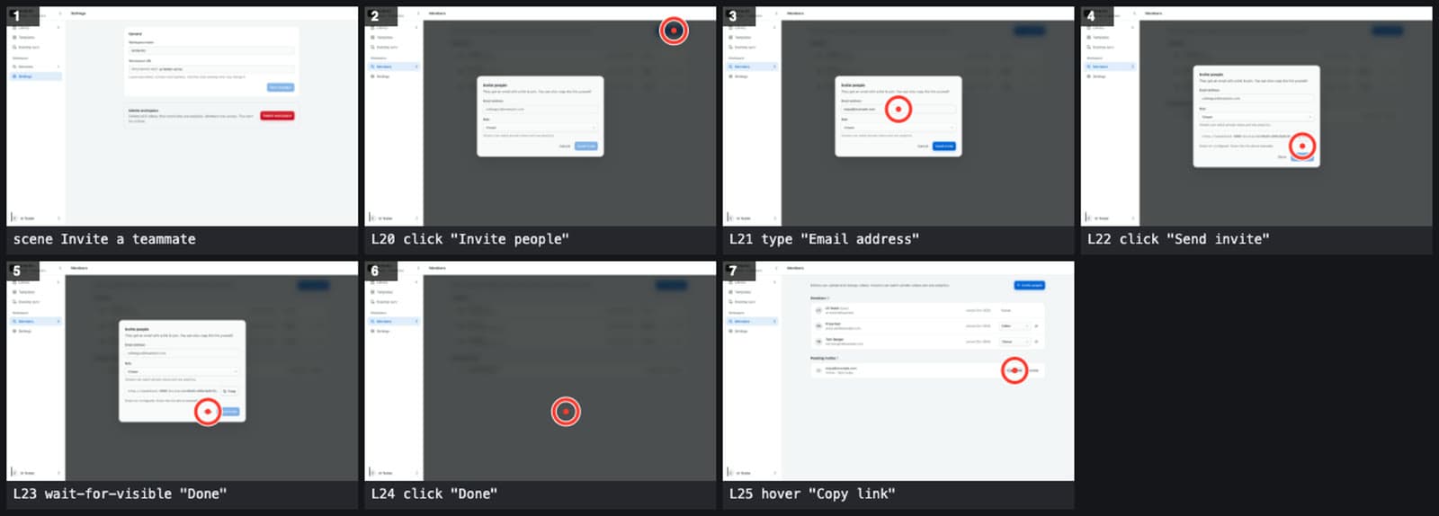 A simulator contact sheet: seven frames of the invite scene with a red ring where the pointer rests after each step